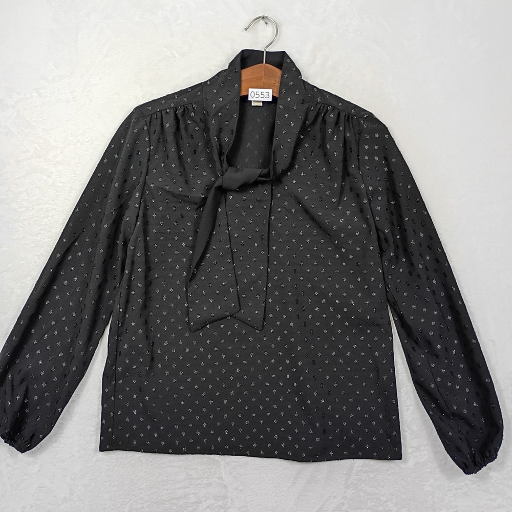 Michael Michael Kors Blouse Women Medium Black Metallic Dot Tie Neck Office Chic